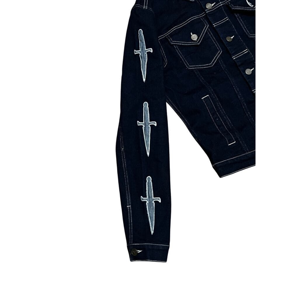 Doctrine Dark Blue Men’s Jean Jacket With Crosses On The Sleeves Size Medium