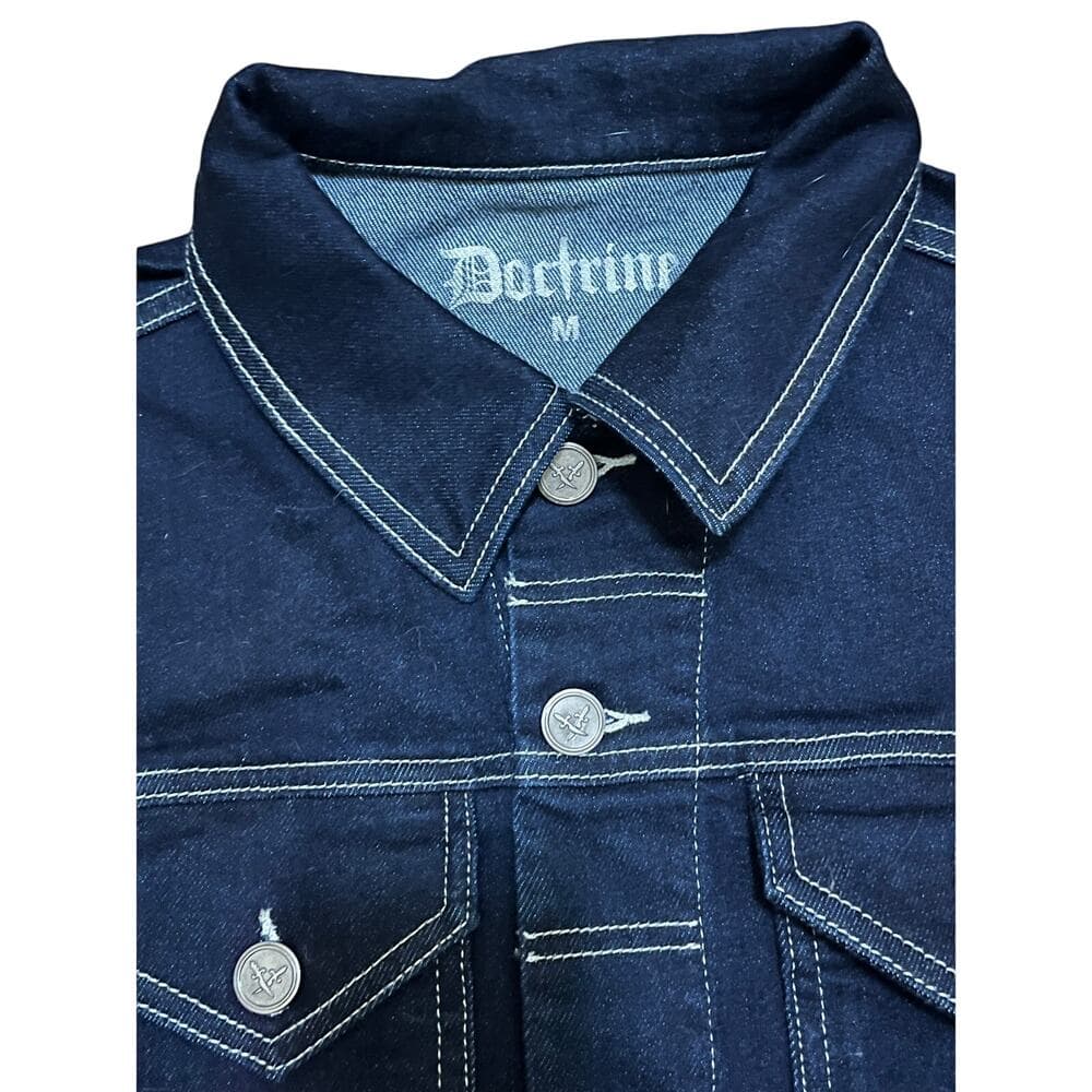 Doctrine Dark Blue Men’s Jean Jacket With Crosses On The Sleeves Size Medium - Thumbnail 3