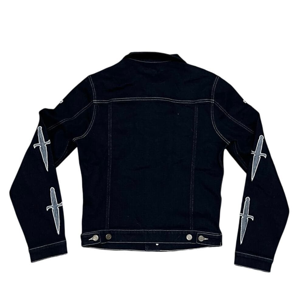Doctrine Dark Blue Men’s Jean Jacket With Crosses On The Sleeves Size Medium - Thumbnail 2