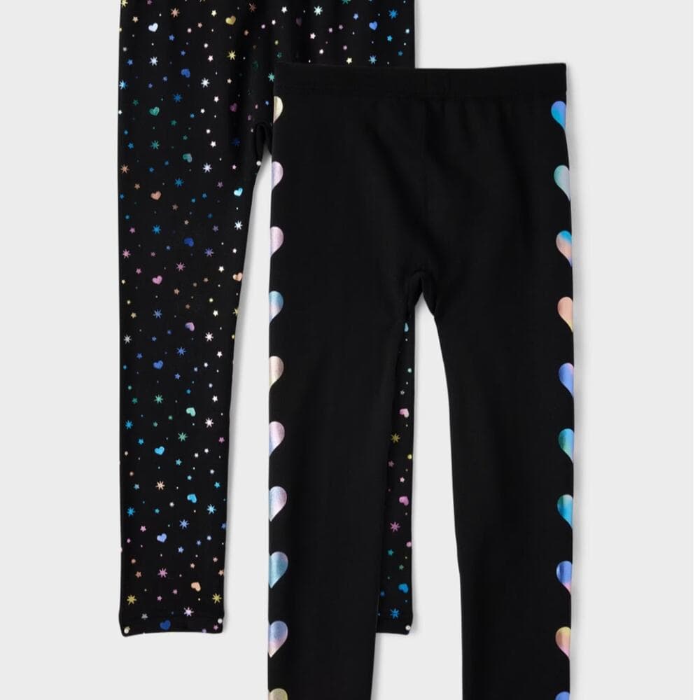 Girls Foil Heart Fleece Lined Leggings 2-Pack - Black - Thumbnail 6