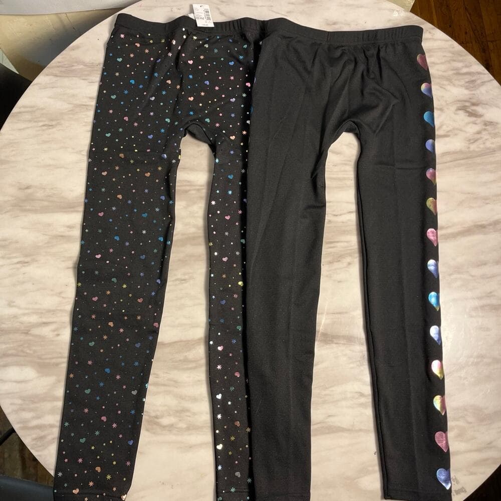 Girls Foil Heart Fleece Lined Leggings 2-Pack - Black - Thumbnail 2