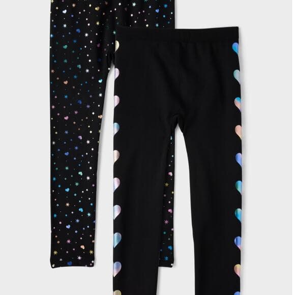 Girls Foil Heart Fleece Lined Leggings 2-Pack - Black - Thumbnail 7