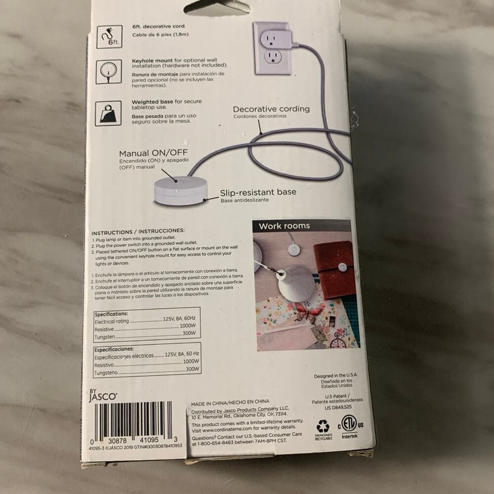 Cordinate Decor 6 ft White Tabletop Switch With Braided Extension Cord New