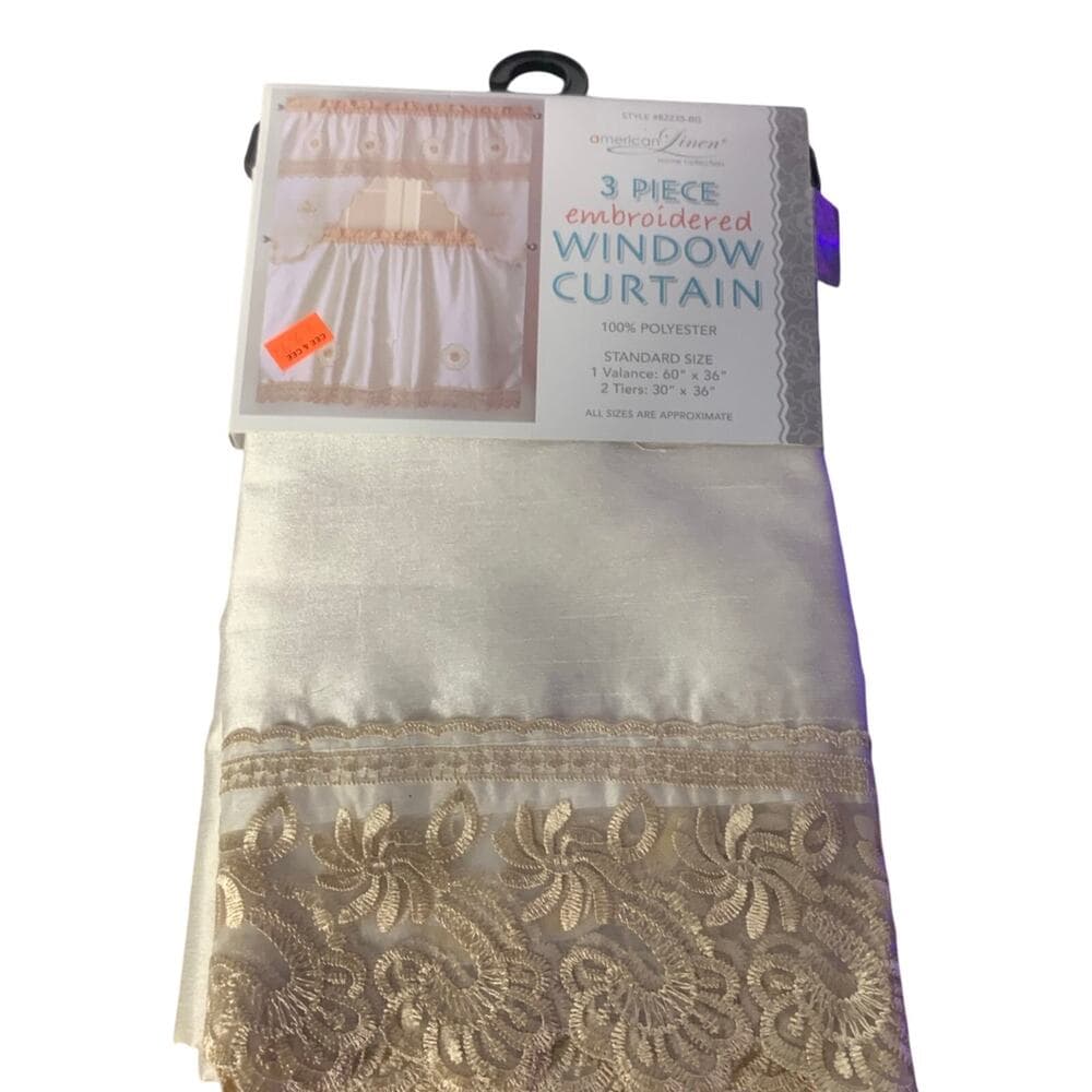 American Linen Home Collection 3 Piece Lace Window Curtain Beige - Thumbnail 4