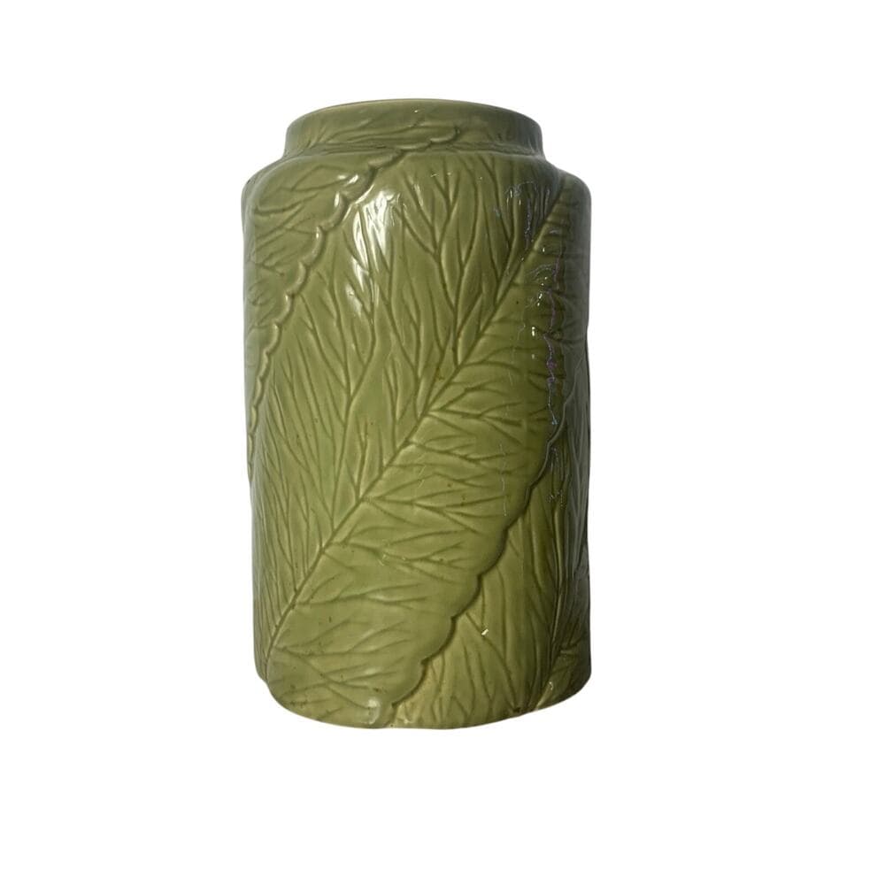 Pier 1 3D Textured Embossed Ceramic Canister Jar Lettuce Leaf Wood Lid 13" - Thumbnail 4