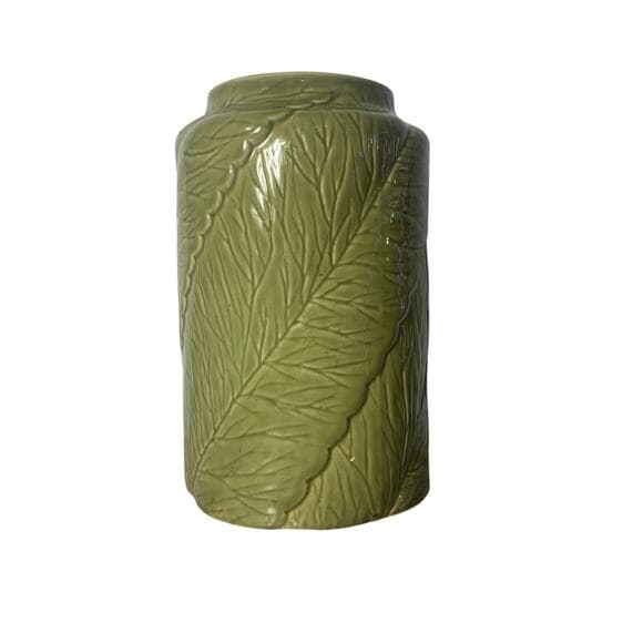Pier 1 3D Textured Embossed Ceramic Canister Jar Lettuce Leaf Wood Lid 13" - Thumbnail 5