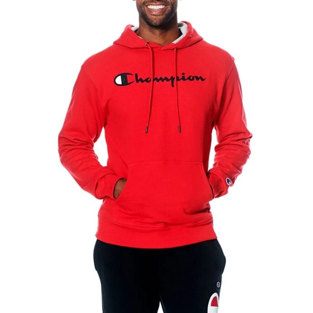 Champion Men's Powerblend Fleece Pullover Hoodie Script Logo Red/Black - Thumbnail 8