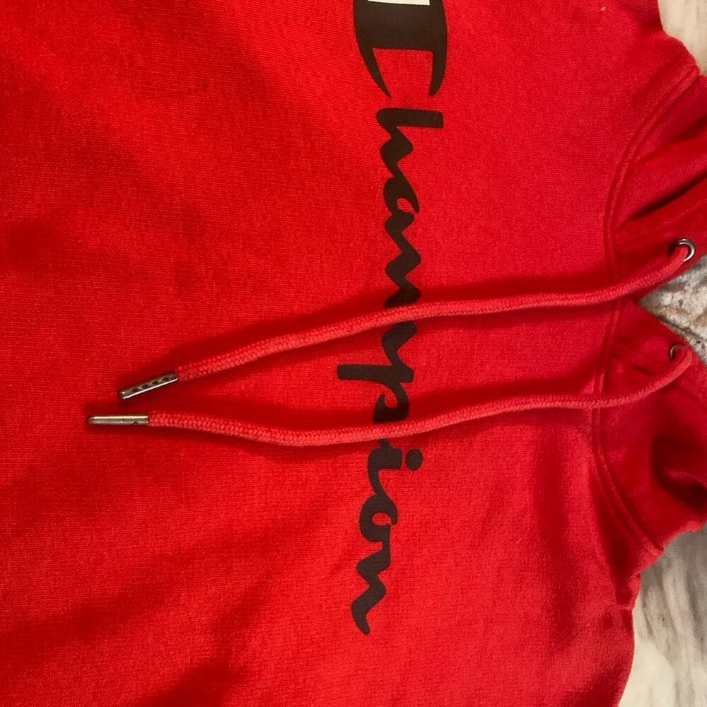 Champion Men's Powerblend Fleece Pullover Hoodie Script Logo Red/Black - Thumbnail 2