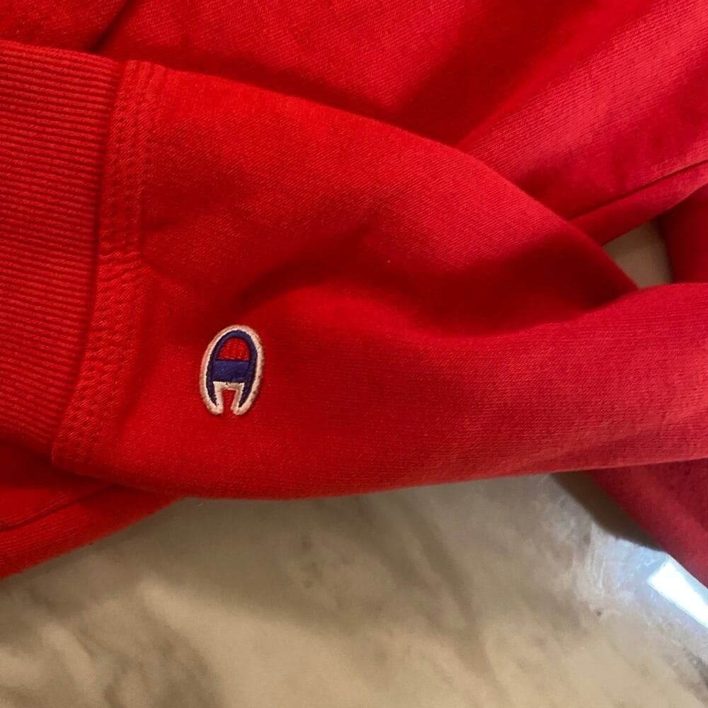 Champion Men's Powerblend Fleece Pullover Hoodie Script Logo Red/Black - Thumbnail 4