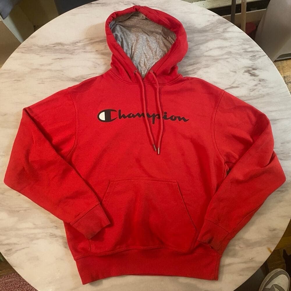 Champion Men's Powerblend Fleece Pullover Hoodie Script Logo Red/Black - Thumbnail 6