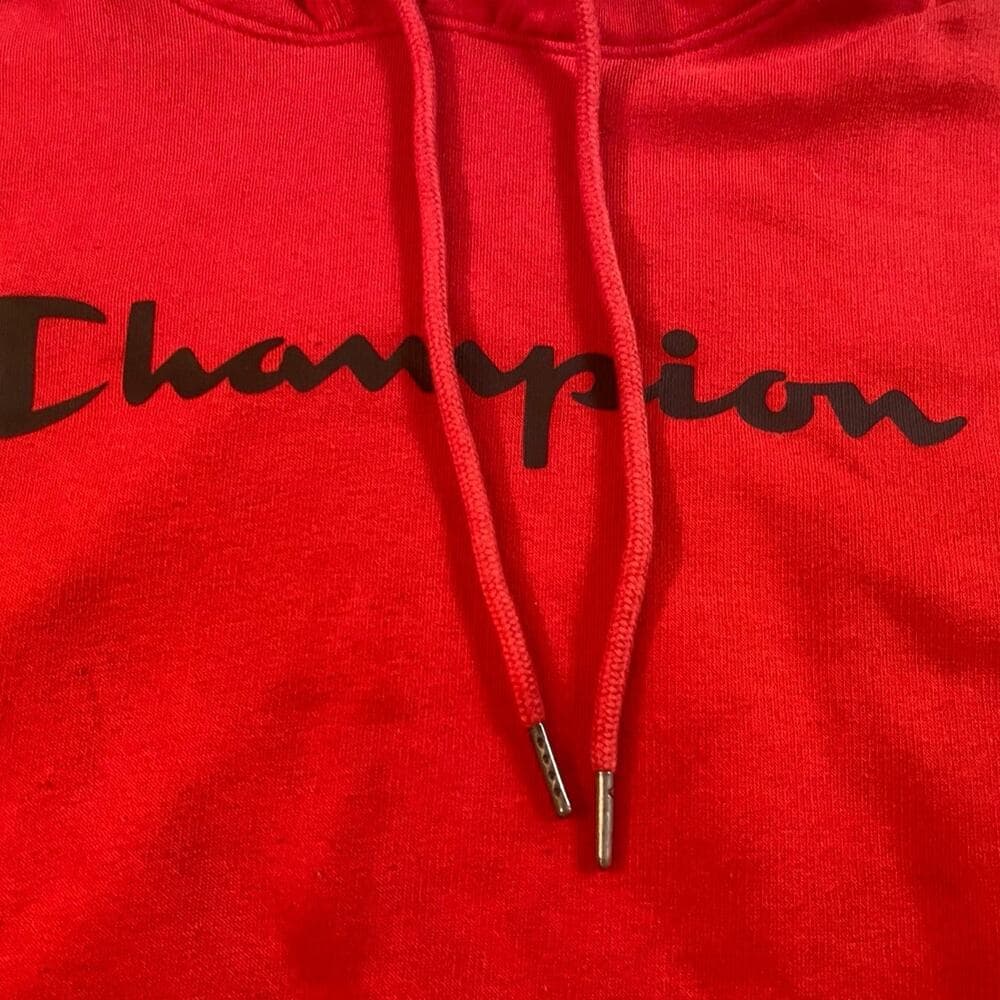 Champion Men's Powerblend Fleece Pullover Hoodie Script Logo Red/Black - Thumbnail 5
