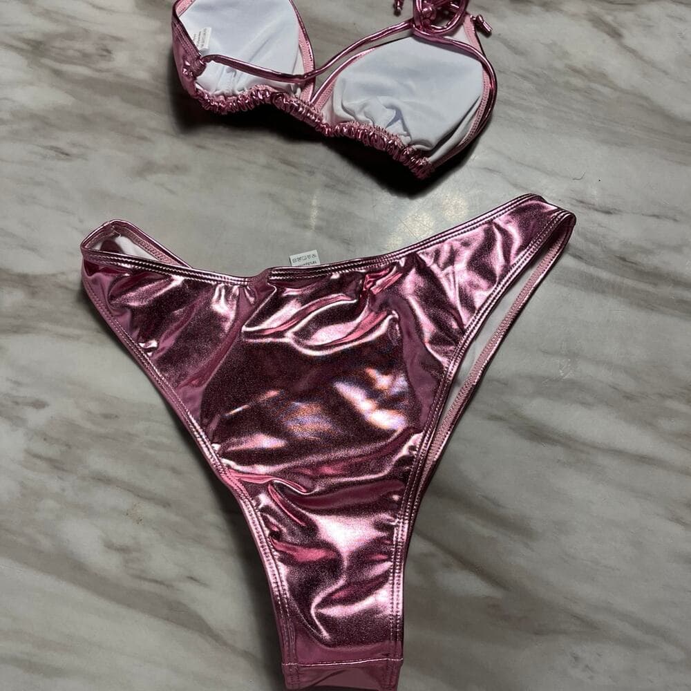 Women’s Metallic Bikini Bottom Set Pink Size Medium - Thumbnail 4
