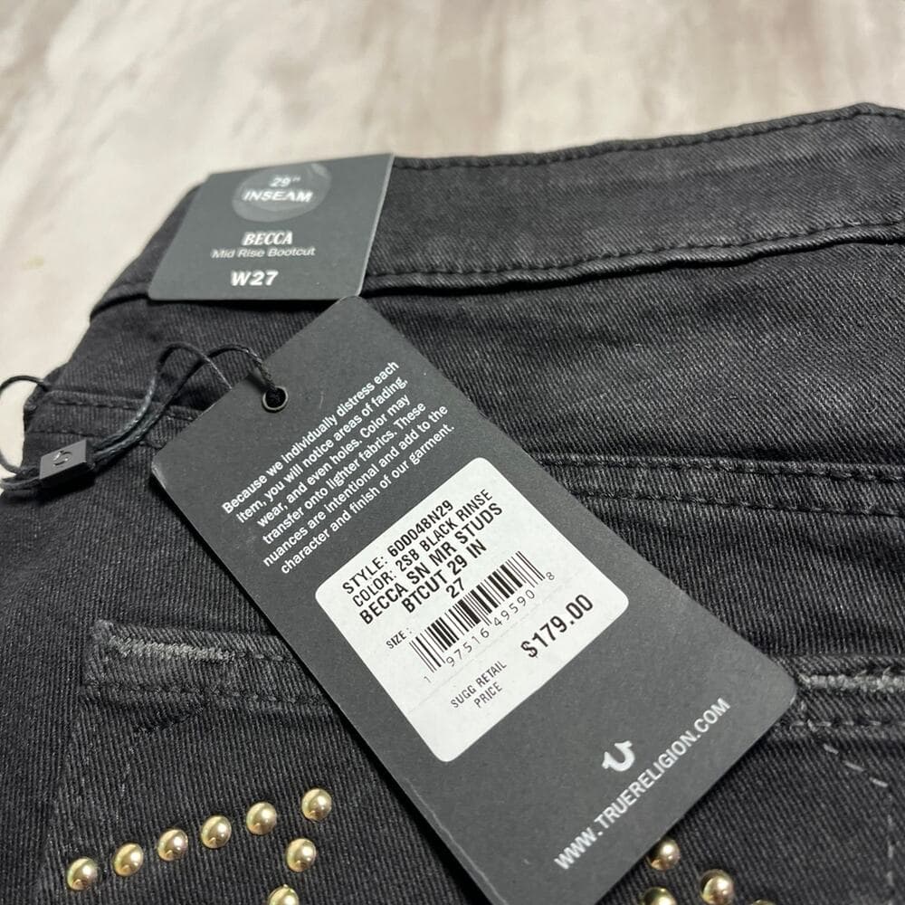 True Religion Women's Becca Crystal Studs Bootcut Stretch Jeans in Black Rinse - Thumbnail 3