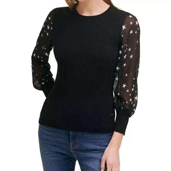 DKNY Sheer-Sleeved Mixed-Media Sweater - Thumbnail 8
