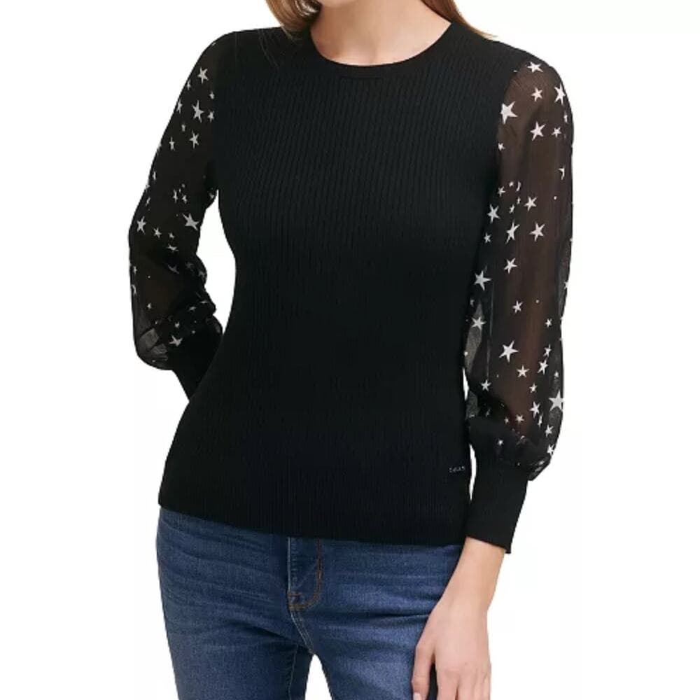 DKNY Sheer-Sleeved Mixed-Media Sweater - Thumbnail 7