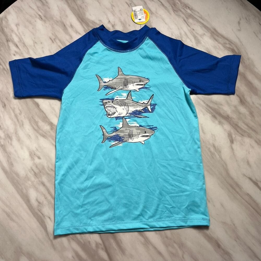 Place Sport Swim Shirt Blue Sharks Beach Sun - Kids Size Large