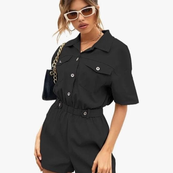 Short Jumpsuits for Women Buttoned Front Pocket Patched Shirt Jumpsuit Romper - Thumbnail 8