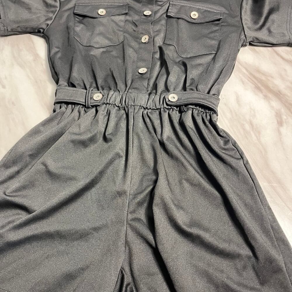 Short Jumpsuits for Women Buttoned Front Pocket Patched Shirt Jumpsuit Romper - Thumbnail 2