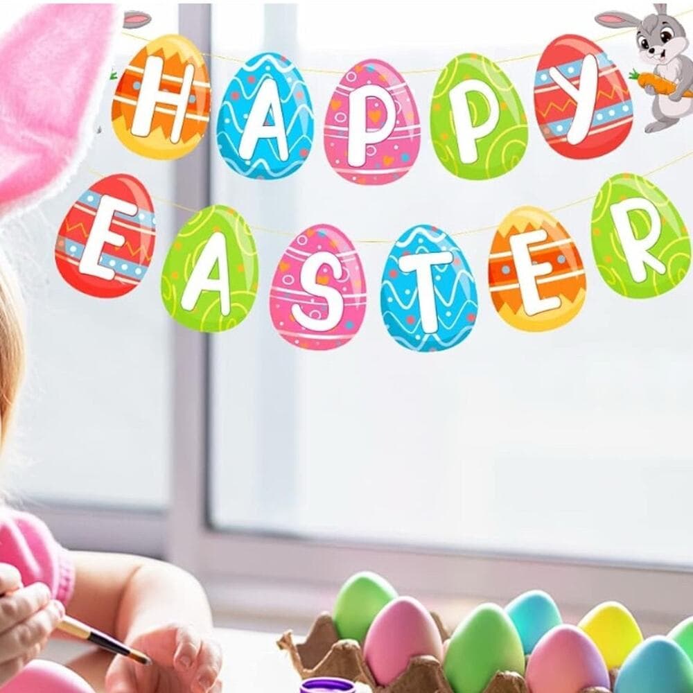 Happy Easter Banner Bunny Egg Carrot Garland Colorful Spring Hanging Bunting