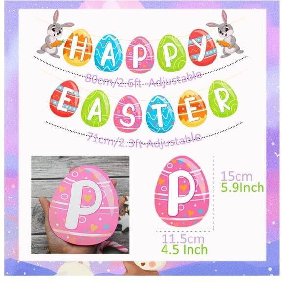 Happy Easter Banner Bunny Egg Carrot Garland Colorful Spring Hanging Bunting - Thumbnail 7
