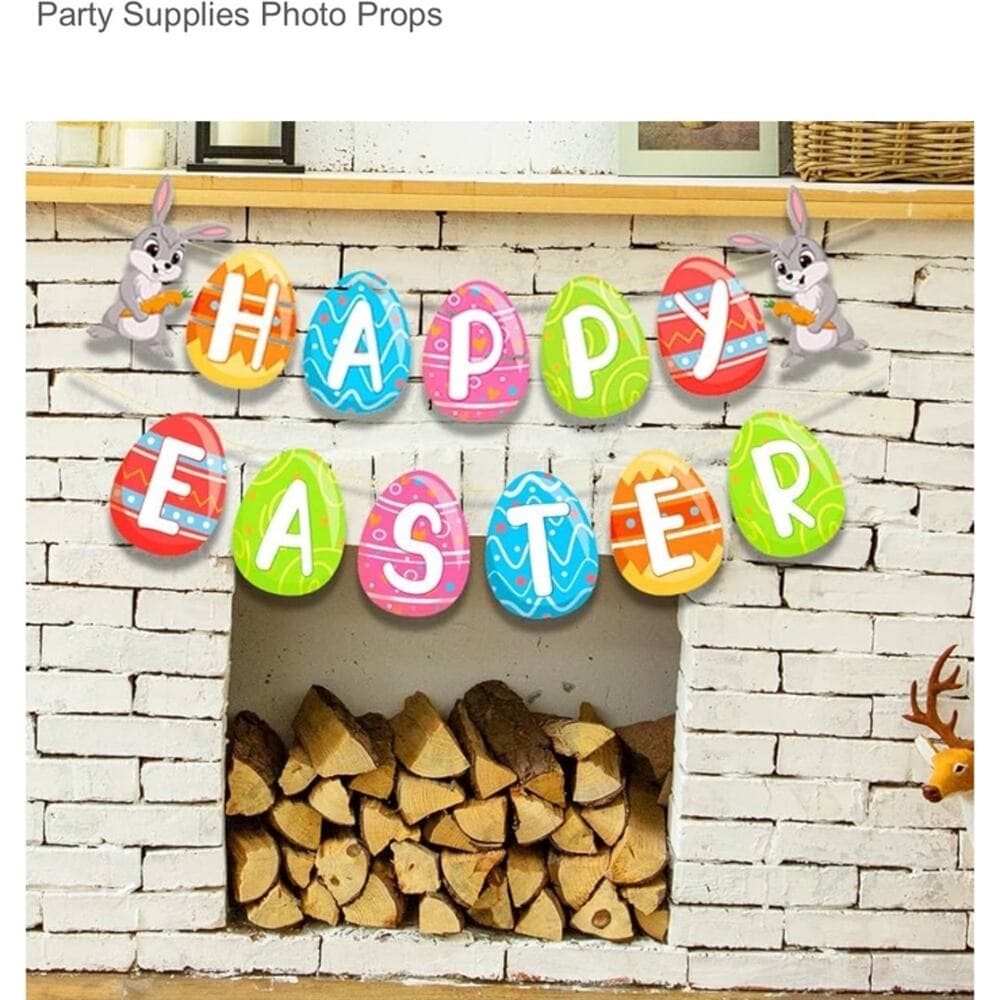 Happy Easter Banner Bunny Egg Carrot Garland Colorful Spring Hanging Bunting - Thumbnail 2