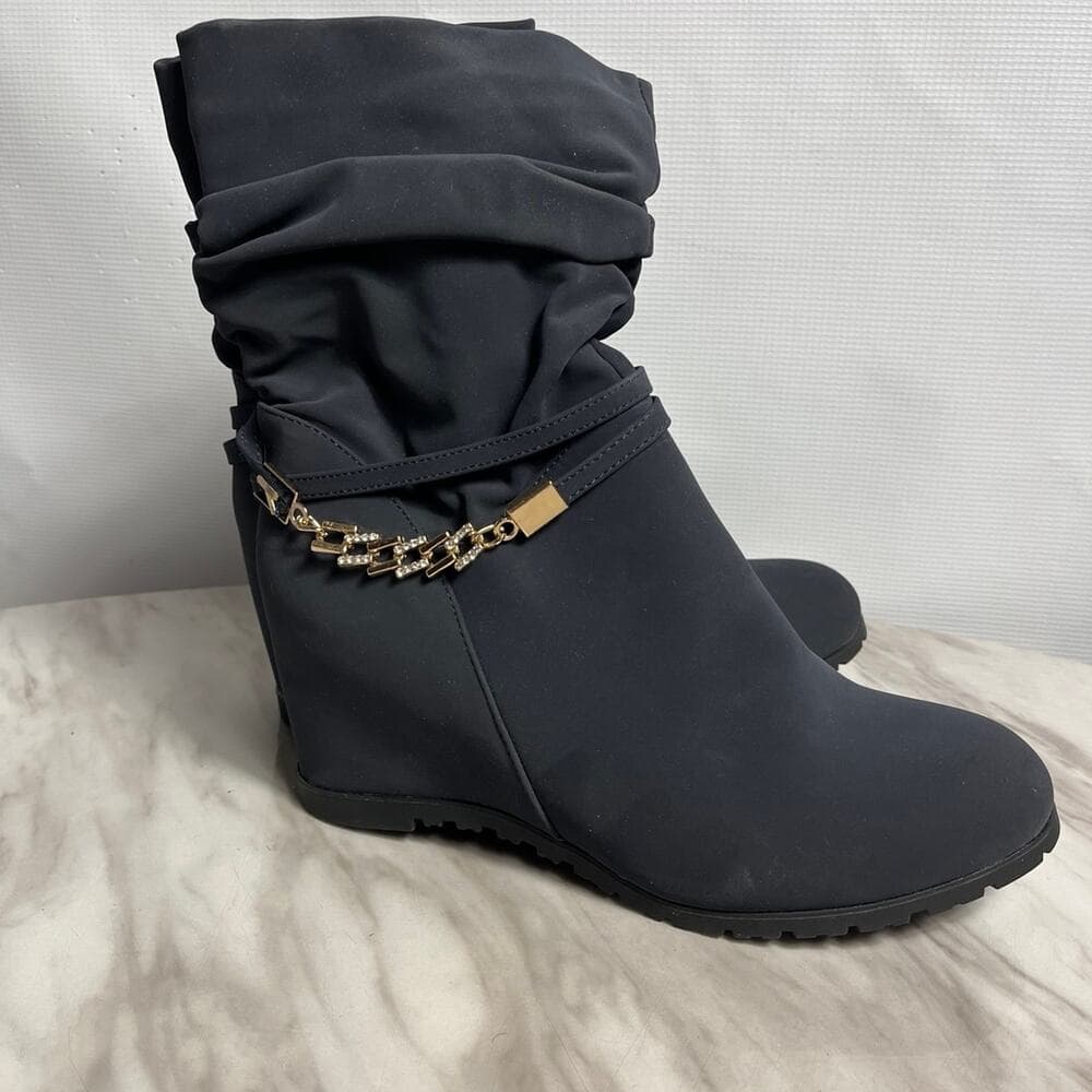 Dream Pairs Women's Coline Dark_Blue Mid Calf High Wedge Boots Size 8.5 US - Thumbnail 2