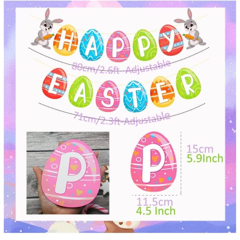 Happy Easter Banner Bunny Egg Carrot Garland Colorful Spring Hanging Bunting - Thumbnail 6