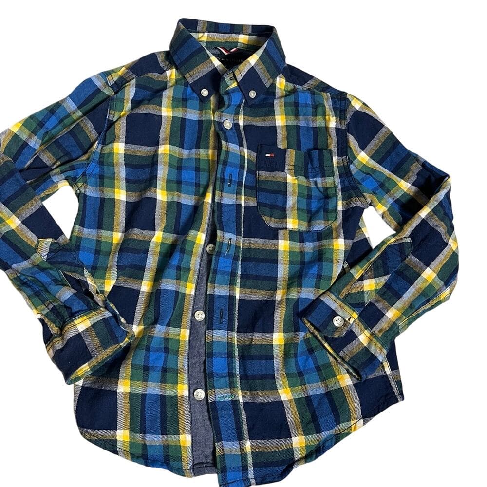 Tommy Hilfiger Graphic Plaid Button Down Flannel Shirt Pockets Youth Size 8/10