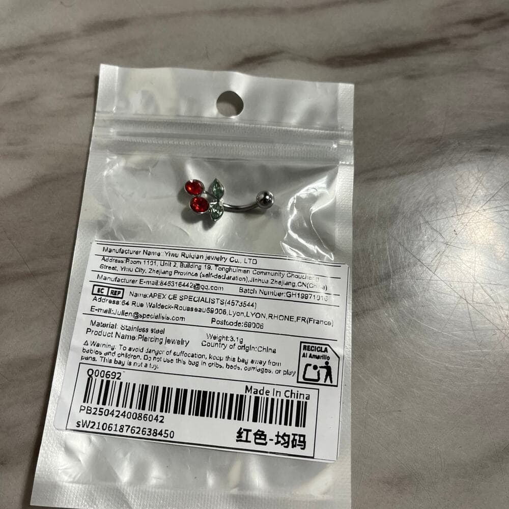 Steel Cherry Belly Navel Bar on Ring Body Piercing - Thumbnail 6