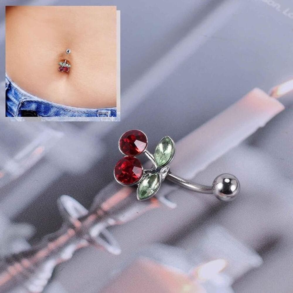 Steel Cherry Belly Navel Bar on Ring Body Piercing - Thumbnail 3