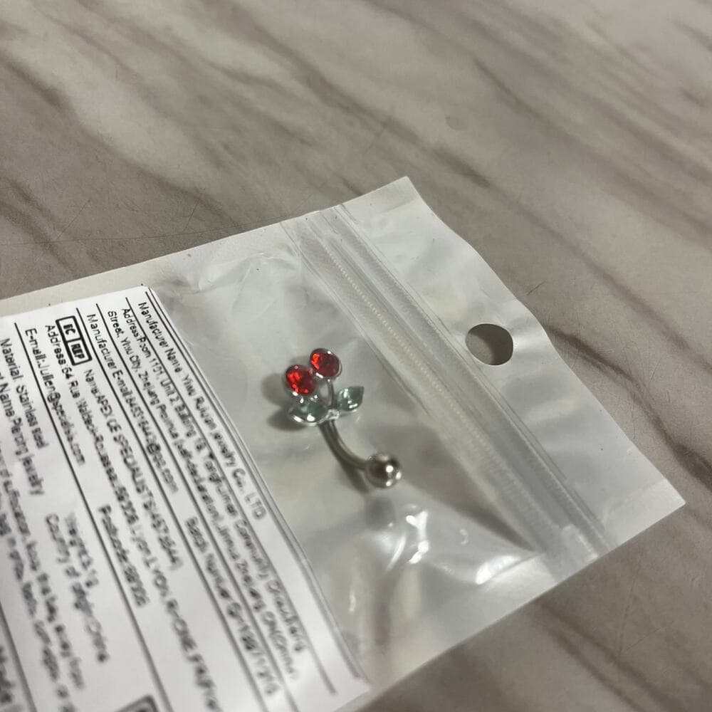 Steel Cherry Belly Navel Bar on Ring Body Piercing - Thumbnail 5