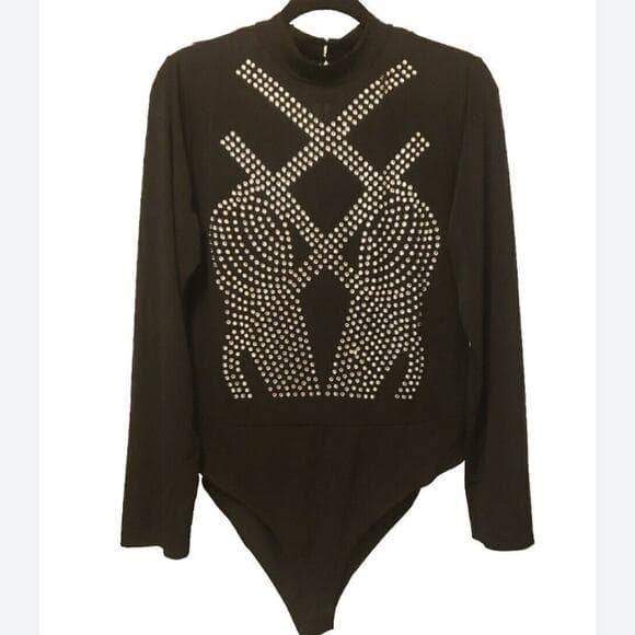 HAUTE MONDE Plus Size 3X Dramatic Black Embellished Bodysuit BLING Long Sleeve - Thumbnail 6