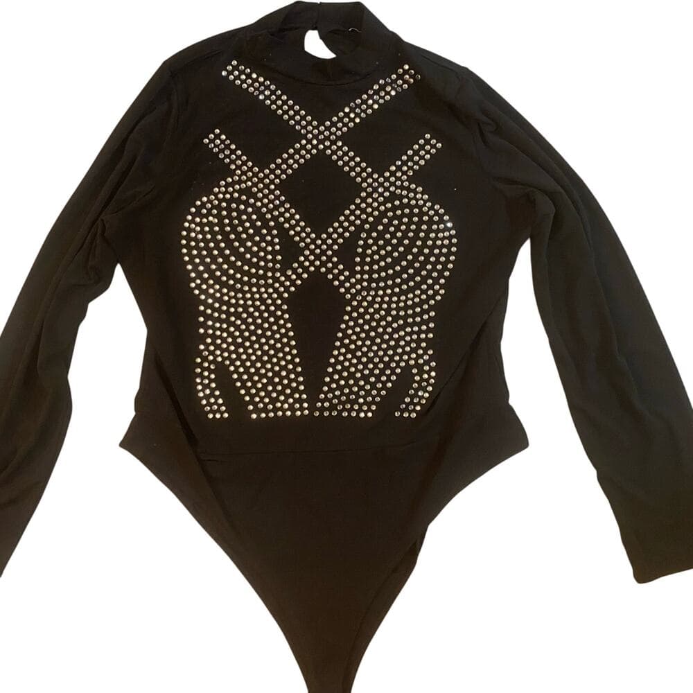 HAUTE MONDE Plus Size 3X Dramatic Black Embellished Bodysuit BLING Long Sleeve - Thumbnail 2
