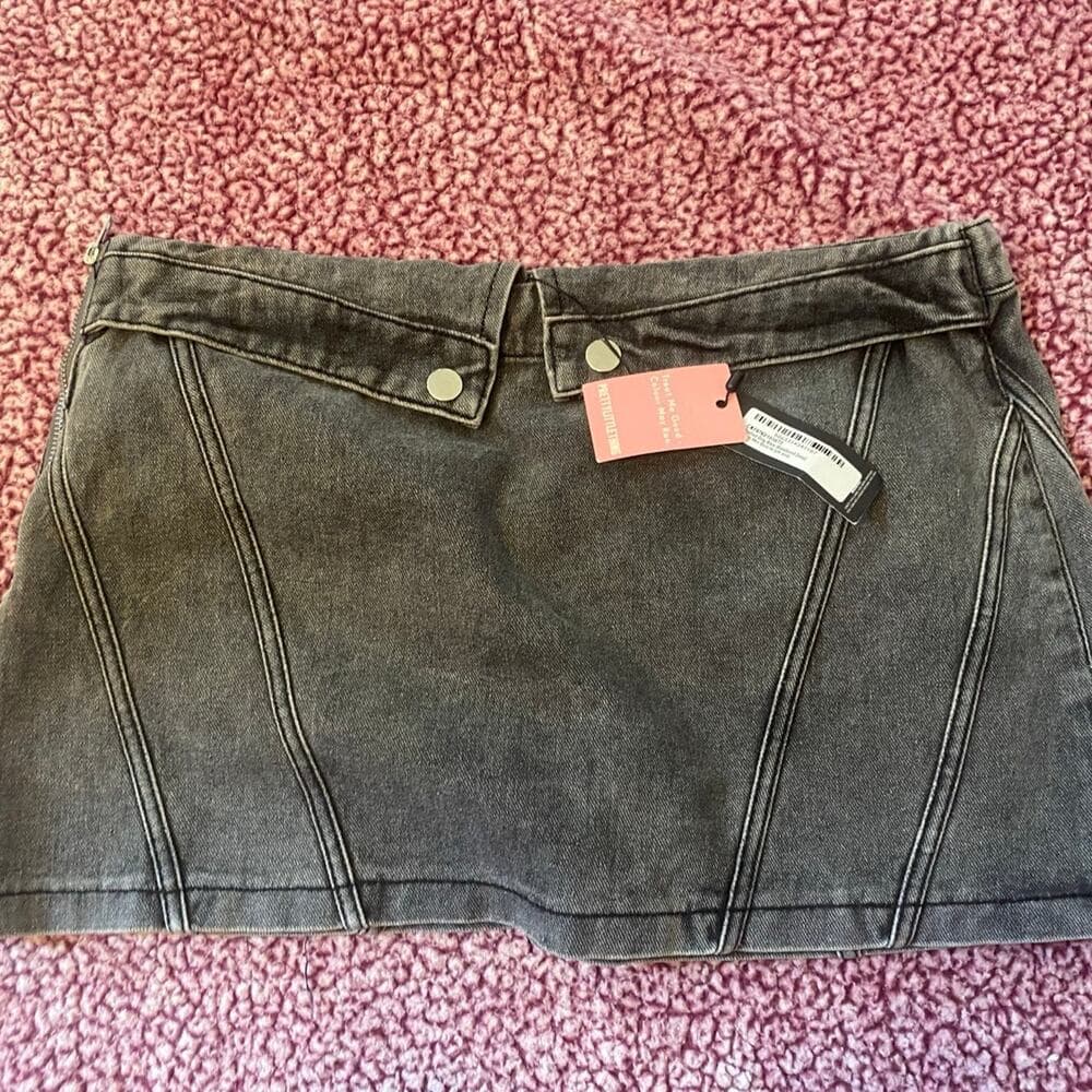 Washed Grey Biker Waistband Detail Denim Mini Skirt - Thumbnail 5