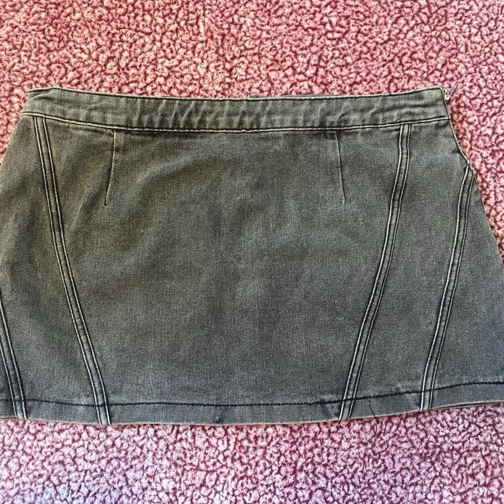 Washed Grey Biker Waistband Detail Denim Mini Skirt - Thumbnail 3