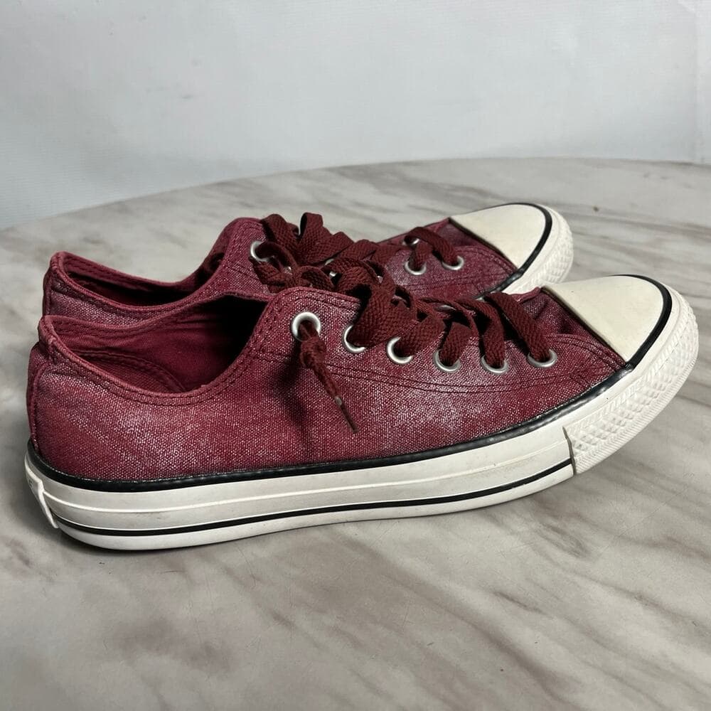 Converse All Star OX Denim Sneakers Shoes Women's 9 Red Maroon Canvas Lace Up - Thumbnail 2