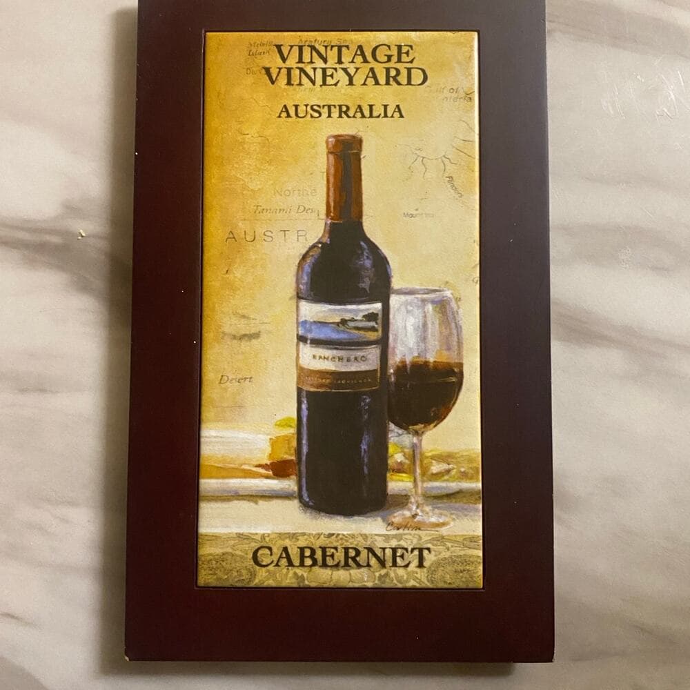 Vintage Vineyard Australia Cabernet Wine Wall Plaques Tile in Cherry Wood Frame