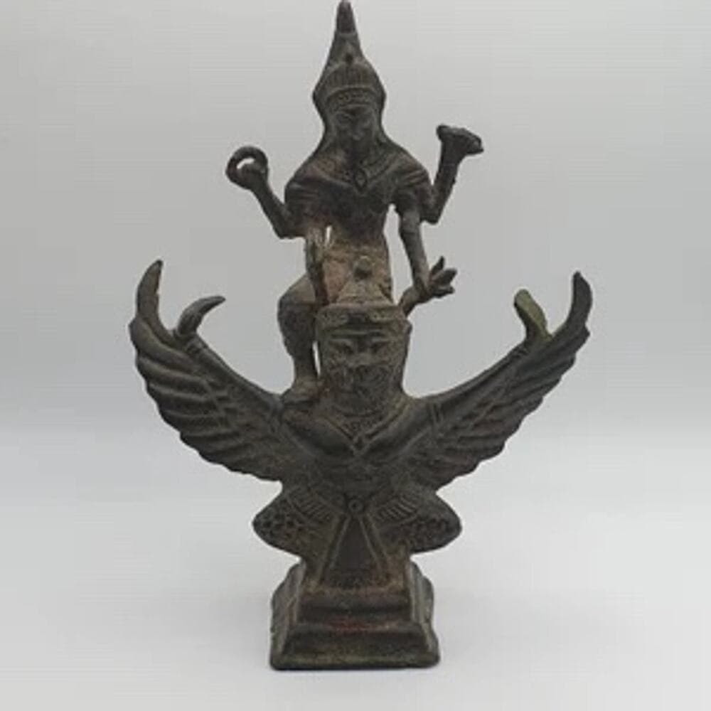 ANTIQUE BRONZE STATUE THAI HINDU GOD VISHNU ATOP GARUDA SCULPTURE FIGURINE - Thumbnail 6