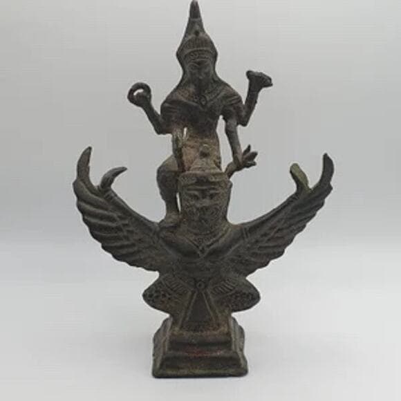 ANTIQUE BRONZE STATUE THAI HINDU GOD VISHNU ATOP GARUDA SCULPTURE FIGURINE - Thumbnail 7