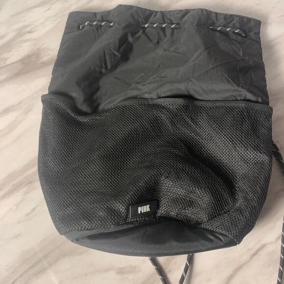Pink Victoria's Secret Drawstring Collegiate Backpack Mesh Pockets Black - Thumbnail 7