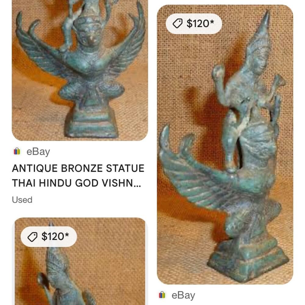 ANTIQUE BRONZE STATUE THAI HINDU GOD VISHNU ATOP GARUDA SCULPTURE FIGURINE - Thumbnail 5