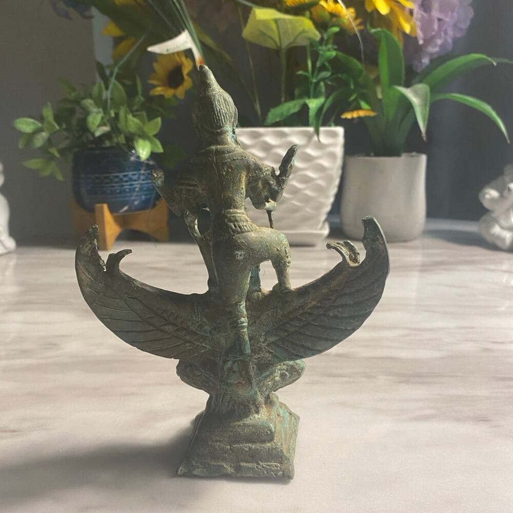 ANTIQUE BRONZE STATUE THAI HINDU GOD VISHNU ATOP GARUDA SCULPTURE FIGURINE - Thumbnail 3