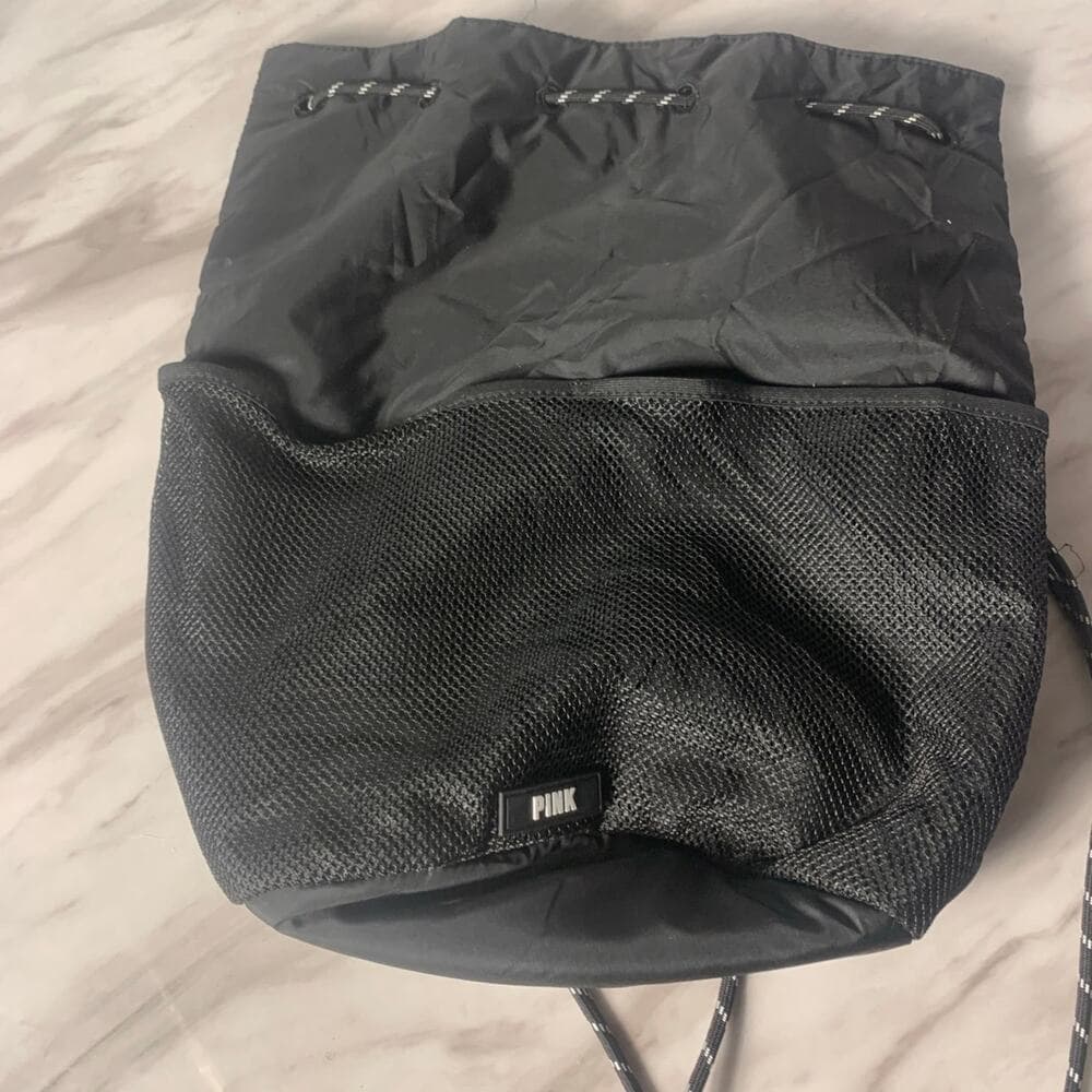 Pink Victoria's Secret Drawstring Collegiate Backpack Mesh Pockets Black - Thumbnail 6