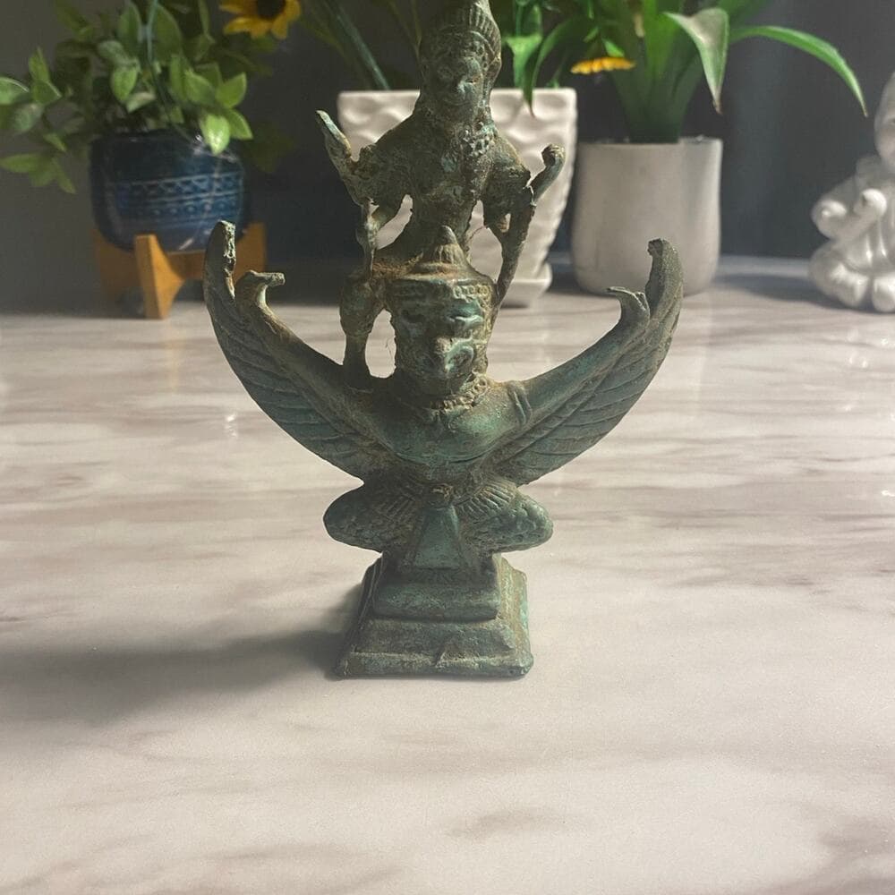 ANTIQUE BRONZE STATUE THAI HINDU GOD VISHNU ATOP GARUDA SCULPTURE FIGURINE - Thumbnail 4