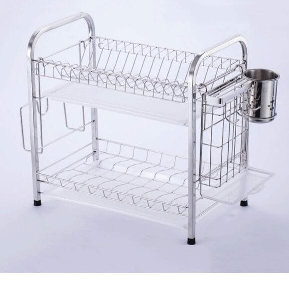 304 Stainless Steel 2-Tier Dish Drainer Rack with Utensil Chopsticks Rack - Thumbnail 9