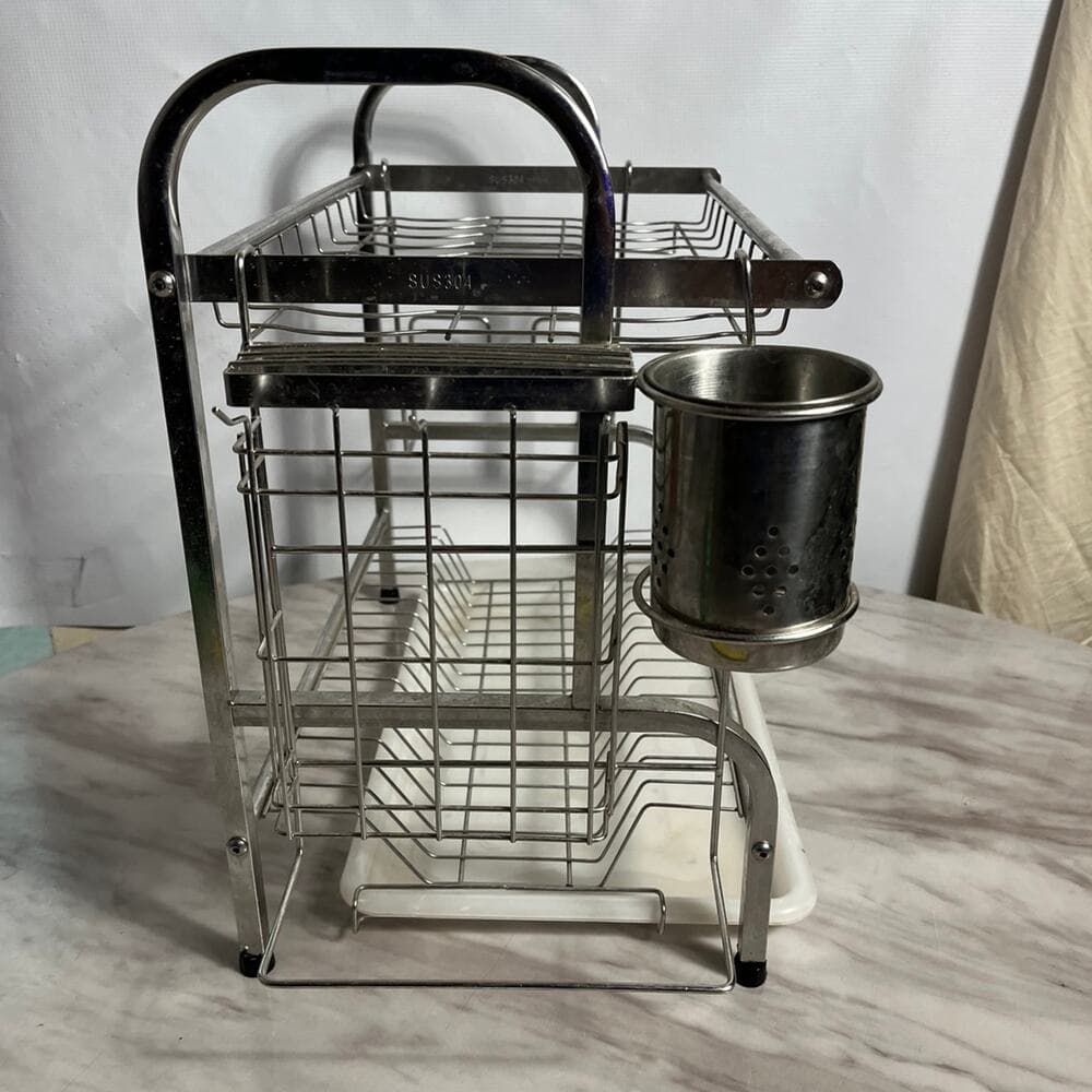304 Stainless Steel 2-Tier Dish Drainer Rack with Utensil Chopsticks Rack - Thumbnail 4