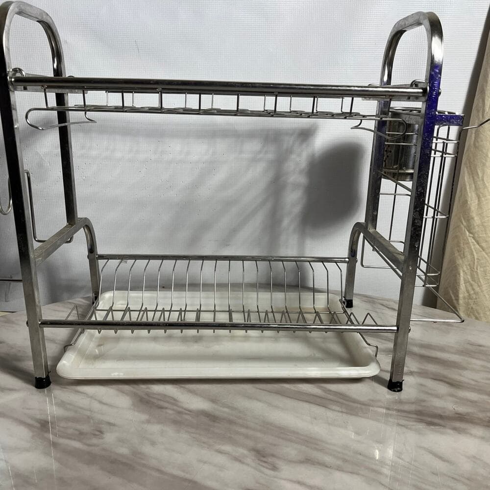 304 Stainless Steel 2-Tier Dish Drainer Rack with Utensil Chopsticks Rack - Thumbnail 3