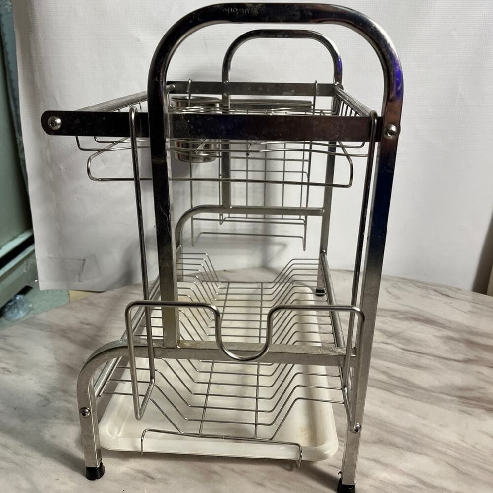 304 Stainless Steel 2-Tier Dish Drainer Rack with Utensil Chopsticks Rack - Thumbnail 7