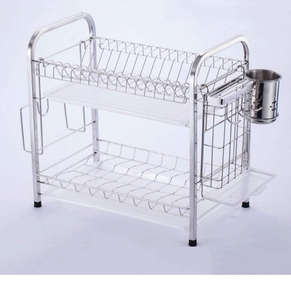304 Stainless Steel 2-Tier Dish Drainer Rack with Utensil Chopsticks Rack - Thumbnail 8