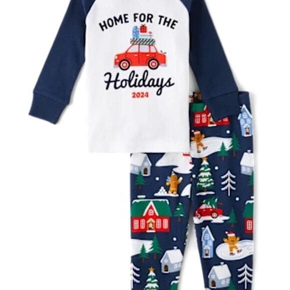 Unisex Kids Matching Family Home For The Holidays Snug Fit Cotton pajamas 2T - Thumbnail 7